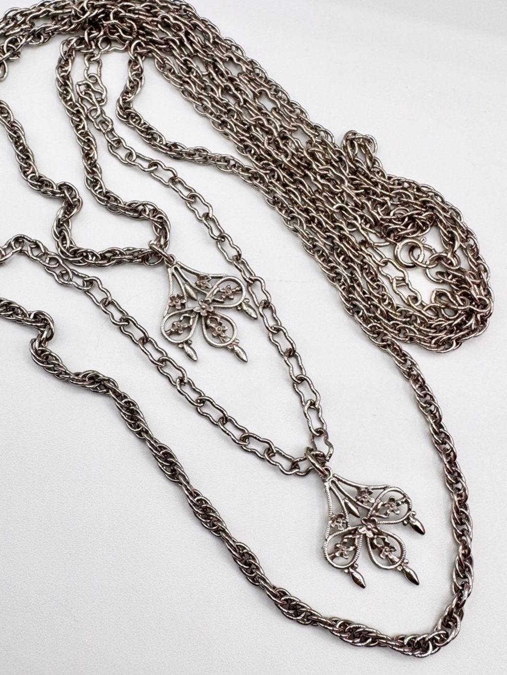 Vintage 70s Triple Strand Chain Necklace Floral Filigree Pendants Ornate Fancy